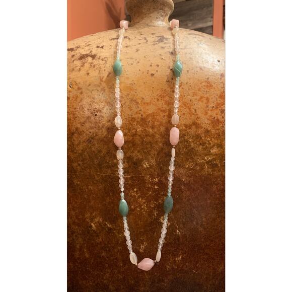 Rose Quartz and Green Chalcedony Necklace Vintage - Picture 2 of 6